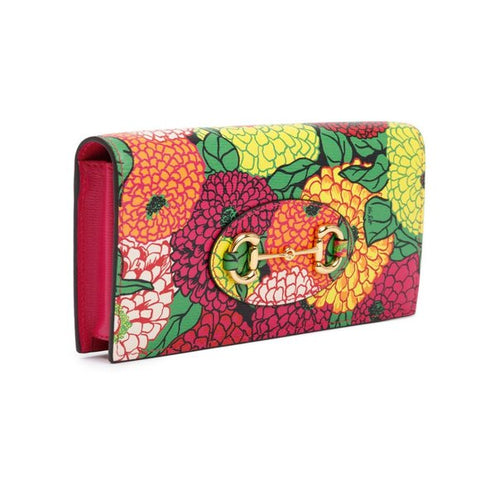 Gucci x Ken Scott Horsebit 1955 Wallet Leather Floral Gold Pink Italy Purse NEW