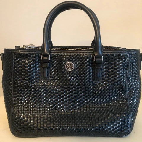 Tory Burch Robinson Black Tote Basketweave Saffiano Leather Large Handbag Bag NEW
