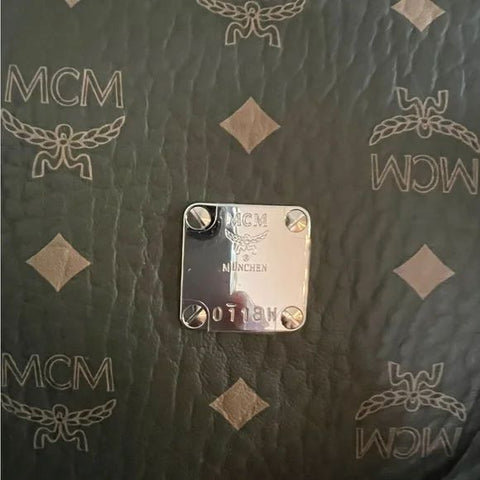 MCM Traveler Monogram Logo Print Duffle Bag Green Travel Leather Zip Handbag NEW