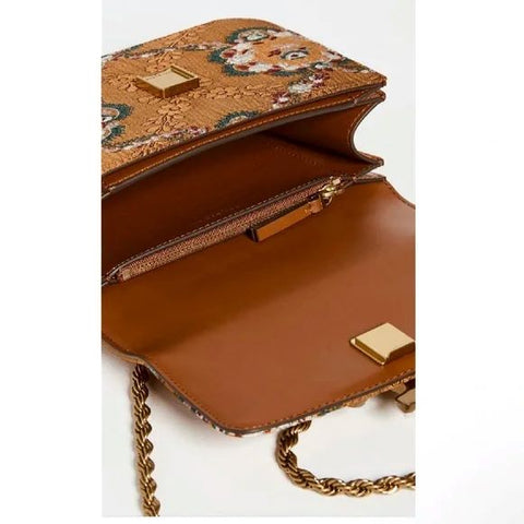 Tory Burch Eleanor Brocade Crossbody Handbag Floral Shoulder Bag Brown Purse NEW