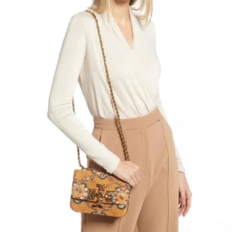 Tory Burch Eleanor Brocade Crossbody Handbag Floral Shoulder Bag Brown Purse NEW