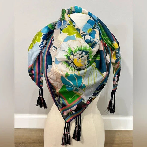 Johnny Was Jenn Scarf Flowers Silk Square Large Floral Beige Blue Tassels NEW