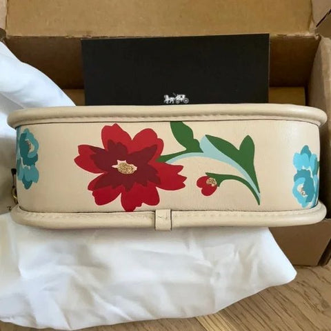 Coach Leather Swinger Bag 20 Quilting Small Handbag Floral Zip Beige Purse NEW