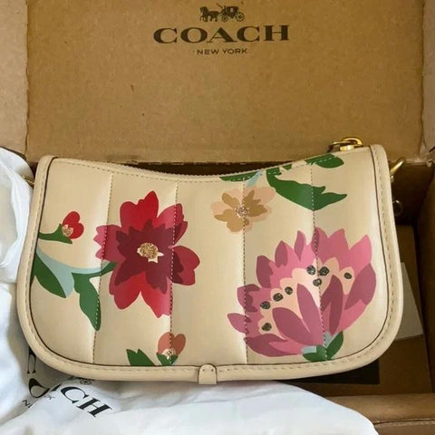 Coach Leather Swinger Bag 20 Quilting Small Handbag Floral Zip Beige Purse NEW