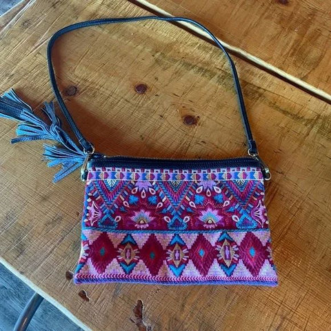 Johnny Was Laurell Fringe Floral Embroidery Bag Zip Handbag Black Pink Purse NEW