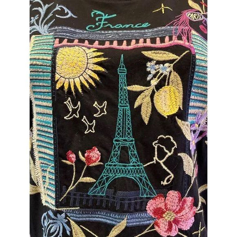 Johnny Was Paris Crew Tee Short Floral Embroidered Cotton Shirt Black Top NEW