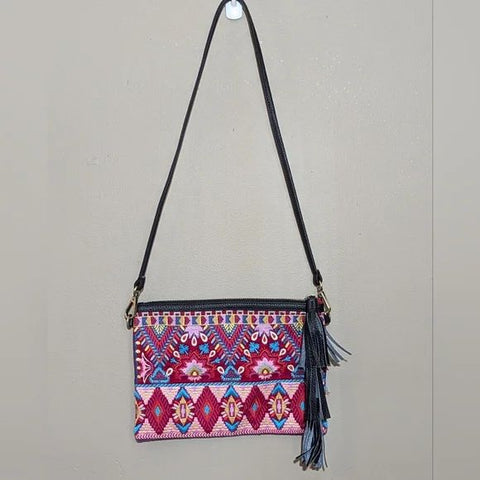 Johnny Was Laurell Fringe Floral Embroidery Bag Zip Handbag Black Pink Purse NEW
