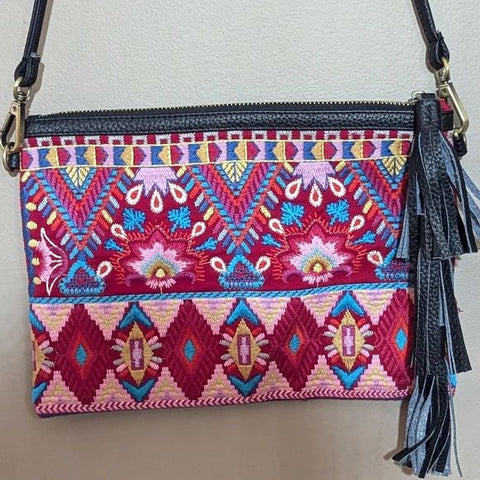 Johnny Was Laurell Fringe Floral Embroidery Bag Zip Handbag Black Pink Purse NEW