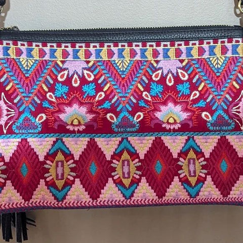 Johnny Was Laurell Fringe Floral Embroidery Bag Zip Handbag Black Pink Purse NEW