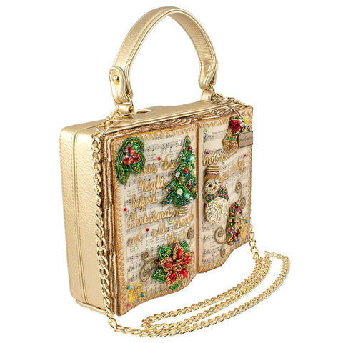 Mary Frances Christmas Carols Holidays Beaded Snowman Book Handbag Bag Gold New
