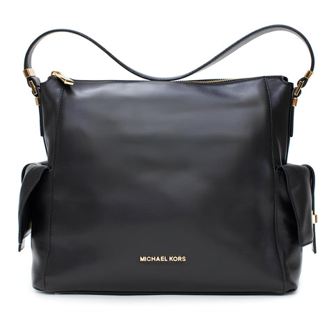 Michael Kors Marly Large Leather Shoulder Handbag Black Bag Hobo Gold Purse New