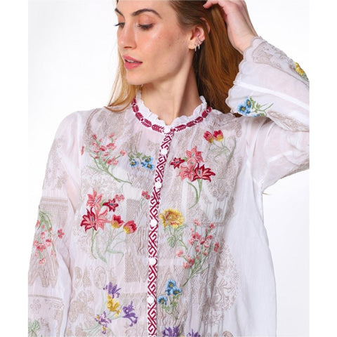 Johnny Was Allbee Blouse Marine Blue Silk Shirt Top Flower Embroidery Floral New