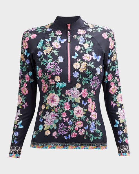 Johnny Was Butterfly Surf Shirt Swimwear Zipper Long Floral Black Rash Guard NEW