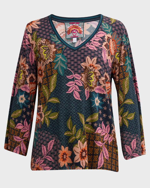 Johnny Was Delfino V Neck Kimono Sleeve Tee Flowers Blue Top Floral Shirt New