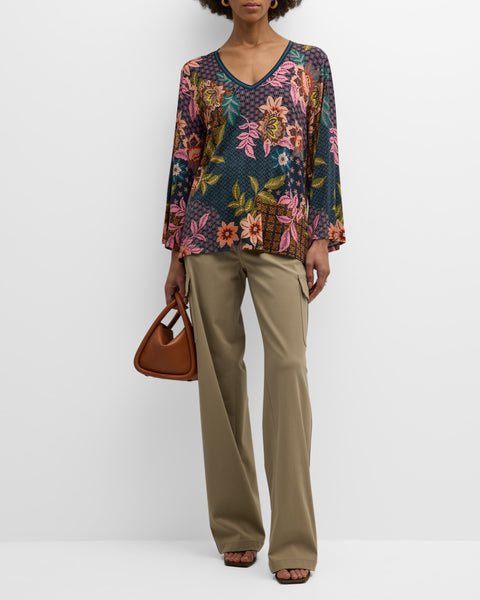 Johnny Was Delfino V Neck Kimono Sleeve Tee Flowers Blue Top Floral Shirt New