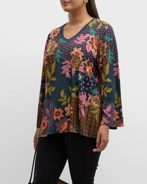 Johnny Was Plus Delfino V Neck Kimono Sleeve Tee Floral Blue Top Shirt Flower New