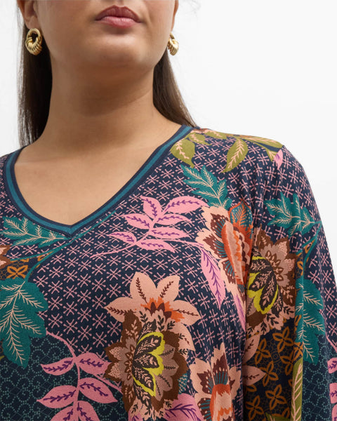 Johnny Was Plus Delfino V Neck Kimono Sleeve Tee Floral Blue Top Shirt Flower New