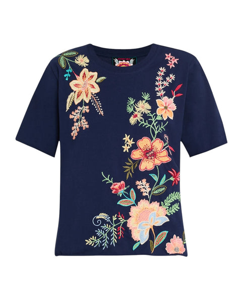 Johnny Was Ishani Navy Blue Night Tee Short Floral Embroidered Cotton Shirt Top NEW