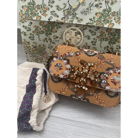 Tory Burch Eleanor Brocade Crossbody Handbag Floral Shoulder Bag Brown Purse NEW