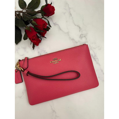 Coach Wristlet Small Wallet Pebbled Leather Zip Handbag Watermelon Pink Bag NEW
