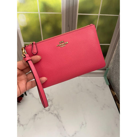 Coach Wristlet Small Wallet Pebbled Leather Zip Handbag Watermelon Pink Bag NEW