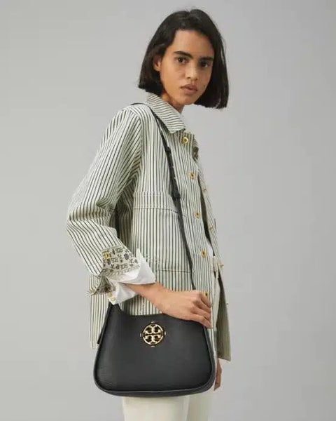 Tory Burch Miller Small Hobo Bag Leather Black Gold Shoulder Handbag Purse NEW