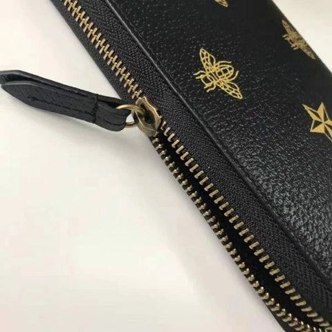 Gucci Bee Star Design Black Leather Long Wallet Women Zip Around Gold Italy NEW