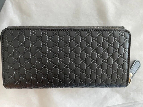 Gucci Signature Micro GG Black Fold Wallet Leather Purse Italy Zip Card Case NEW