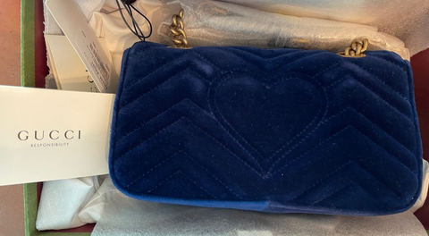 Gucci Velvet Matelasse Small GG Marmont Shoulder Bag Cobalt Blue Gold Handbag NEW