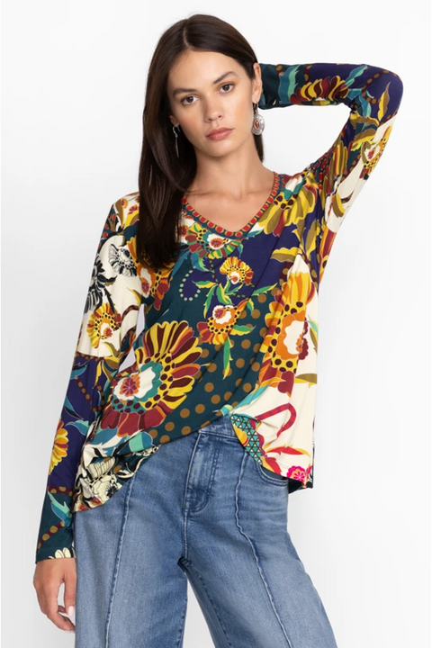 Johnny Was Kimbra Favorite Long Shirt Flared Swing Tee Floral Yellow Top XL NEW