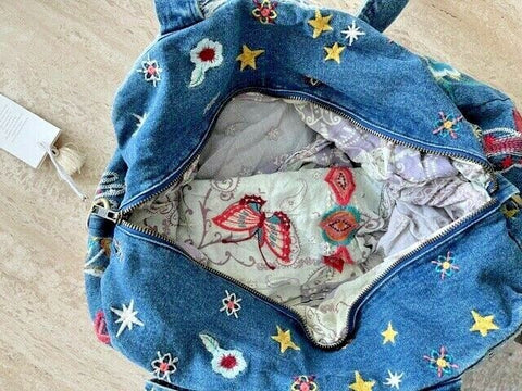 Johnny Was Cara Denim Duffle Tote Jean Blue Embroidery Bag Handbag Purse New