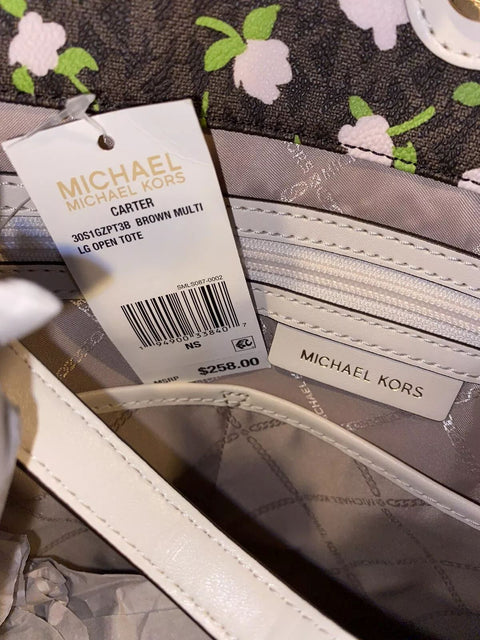 Michael Kors Carter Large Open Tote Bag Floral Magnetic Handbag Cream Brown NEW