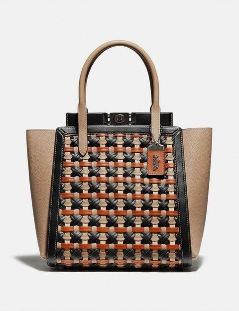 COACH Troupe Tote Weaving Bag Leather Woven Black Pewter Brown Handbag New