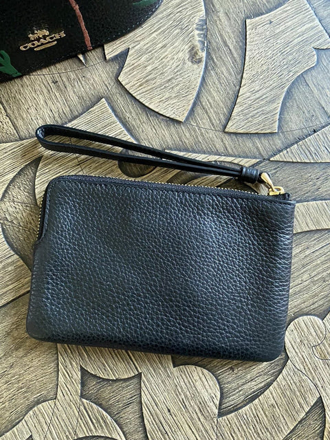 Coach X Jean Michel Basquiat Corner Zip Wristlet Black Leather Flower Bag NEW