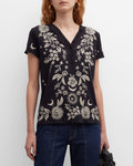 Johnny Was Oleander Button Neck Knit Tee Shirt Black Floral Embroidery Top PLUS New