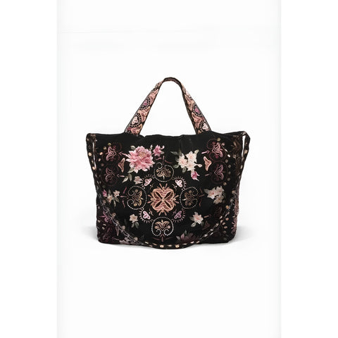 Johnny Was Joanna Velvet Embroidery Flowers Black Shoulder Tote Bag Handbag NEW