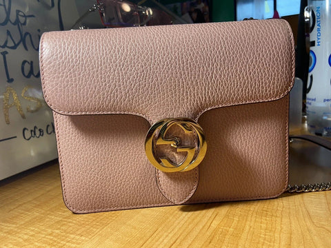 Gucci Soft Pink Dollar Calfskin Interlocking G Leather Shoulder Bag Handbag Italy NEW