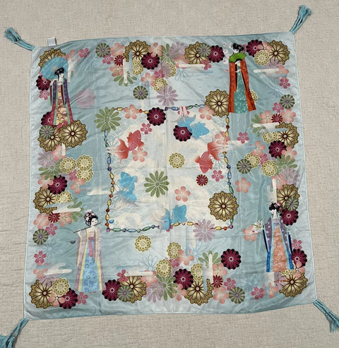 Johnny Was Kingyo Scarf Silk Square Large Blue Lush Floral Luxe Tassels NEW