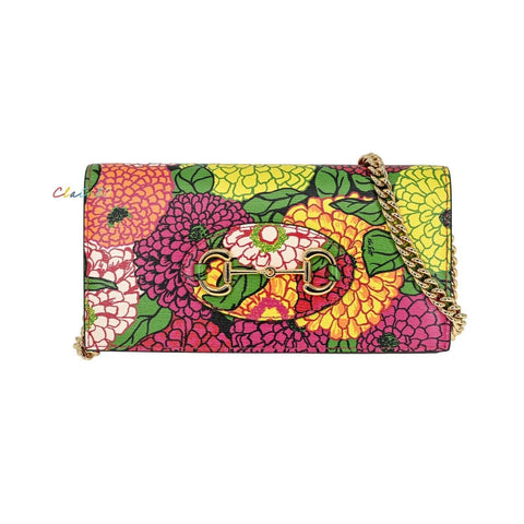 Gucci Floral Horsebit Gold Crossbody Long Wallet Leather Pink Italy Handbag New