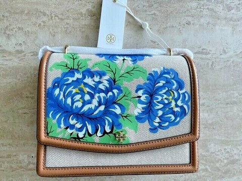Tory Burch Emerson Ditsy Floral Convertible Blue Linen Gold Shoulder Bag NEW
