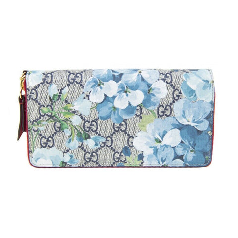 GUCCI Blooms GG Supreme Red Trim Blue Navy Flowers Zip Around Purse Wallet New