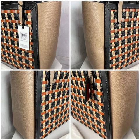 COACH Troupe Tote Weaving Bag Leather Woven Black Pewter Brown Handbag New