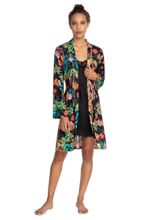 Johnny Was Camella Robe Lingerie Black Flower Home Lounge Floral Sleep Robe NEW