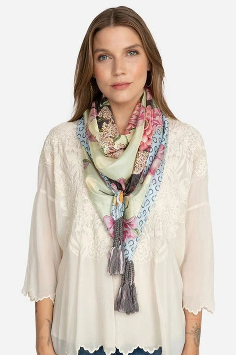 Johnny Was Kopari Flowers Silk Scarf Large Floral Pink White Grey Tassels Scarves NEW