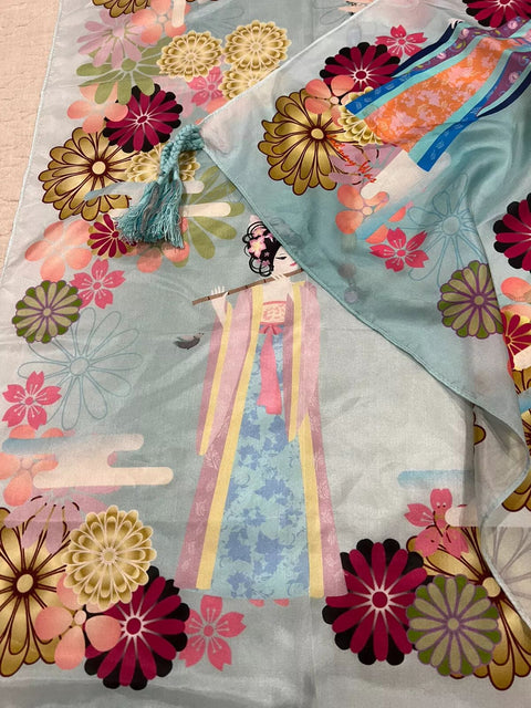 Johnny Was Kingyo Scarf Silk Square Large Blue Lush Floral Luxe Tassels NEW