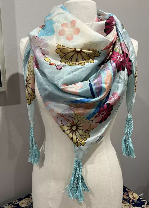 Johnny Was Kingyo Scarf Silk Square Large Blue Lush Floral Luxe Tassels NEW