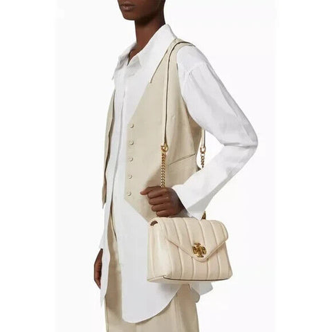 Tory Burch Kira Small Leather Quilted Handbag Satchel Bag Ivory White Purse NEW