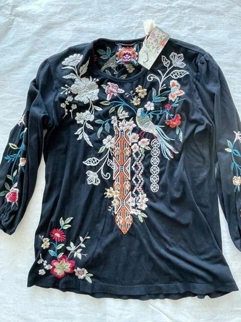 Johnny Was Ellia Black Puff Sleeve Shirt Blouse Floral Bird Long Cotton Embroidery Top NEW