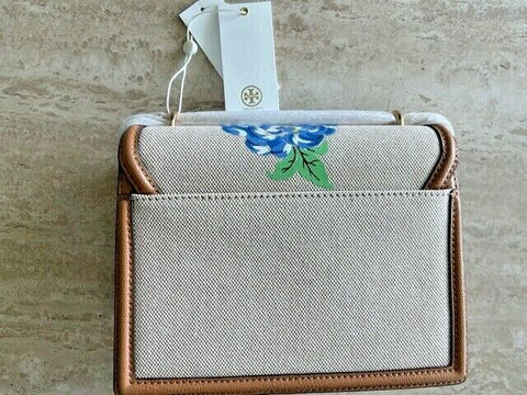 Tory Burch Emerson Ditsy Floral Convertible Blue Linen Gold Shoulder Bag NEW