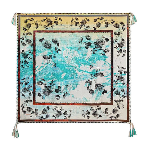 Johnny Was Emillia Silk Scarf Blue Flowers Square Large Beige Scarves Floral Tassels NEW